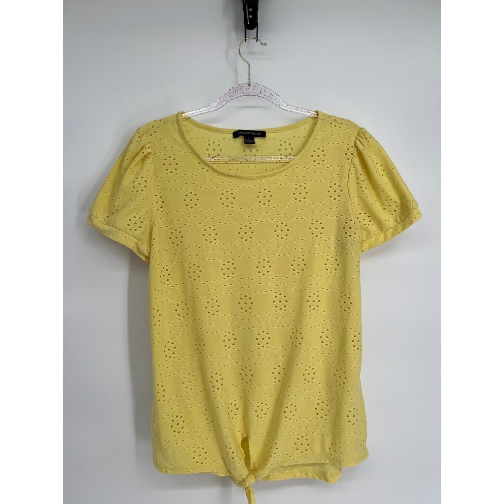 Carolyn Taylor Eyelet Tie-Front Top Puff Sleeve Short Sleeve Yellow Large